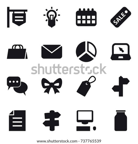16 vector icon set : shop signboard, bulb, calendar, sale, shopping bag, mail, diagram, notebook, discussion, bow, label, signpost