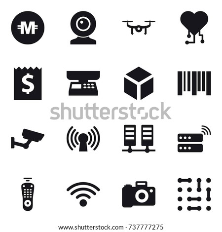 16 vector icon set : crypto currency, web cam, drone, cardio chip, receipt, market scales, 3d, surveillance