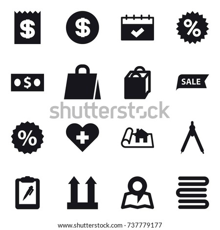 16 vector icon set : receipt, dollar, calendar, percent, money, shopping bag, sale, project, drawing compass, map, towels