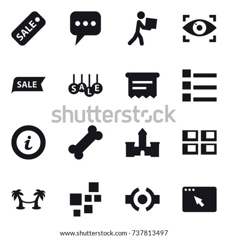 16 vector icon set : sale, message, courier, eye identity, atm receipt, list, info, castle, panel house, palm hammock