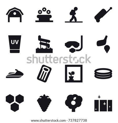 16 vector icon set : barn, flower bed, tourist, suitcase, uv cream, aquapark, diving mask, golf, jet ski, inflatable mattress, flower in window, inflatable pool, honeycombs, berry, garden