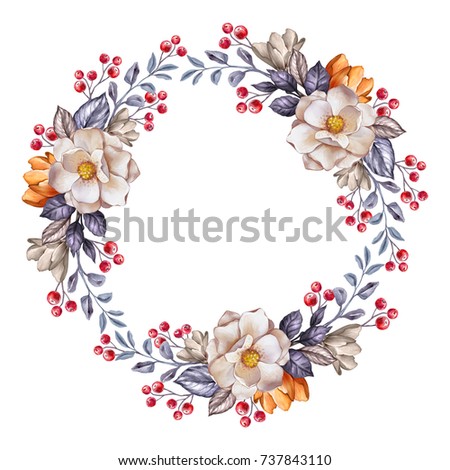 round floral wreath, autumn botanical frame, blank banner, watercolor illustration, fall flowers, clip art isolated on white background