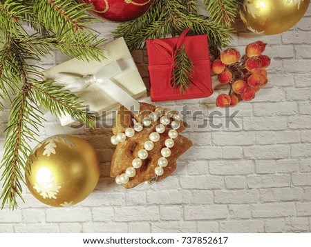 christmas branch gift box bow, gingerbread, surprise
