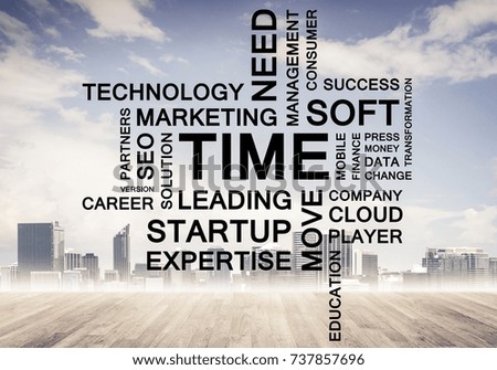 Concept of modern business with keywords collage on cityscape background