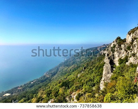 Wonderful view of Trieste 's landscape in Italy where the sea meets the mountains in a unique way. Royalty-Free Stock Photo #737858638