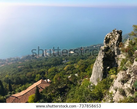 Wonderful view of Trieste 's landscape in Italy where the sea meets the mountains in a unique way. Royalty-Free Stock Photo #737858653