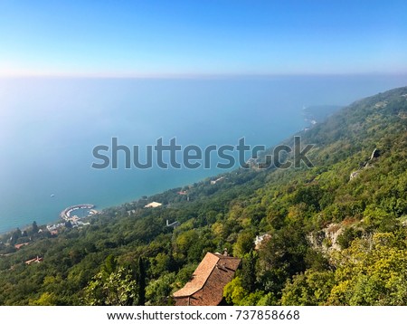 Wonderful view of Trieste 's landscape in Italy where the sea meets the mountains in a unique way. Royalty-Free Stock Photo #737858668