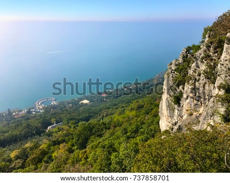 Wonderful view of Trieste 's landscape in Italy where the sea meets the mountains in a unique way. Royalty-Free Stock Photo #737858701