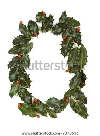 Holly Leaves with berry's in the form of the letter Q. Isolated on white.