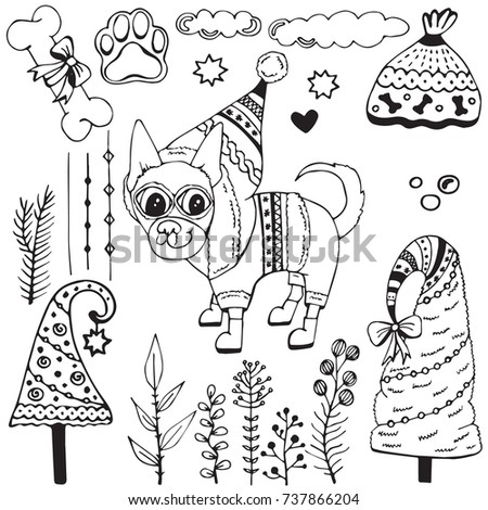 Hand drawn winter collection with cute dog, natural  and holidays elements. Christmas and New year theme. Cartoon vector design for postcards, greeting cards, prints, t-shirt.