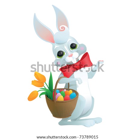 Cute easter bunny rabbit with basket eggs tulips flowers and red ribbon