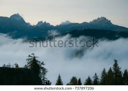Panorama of the Alps in the early morning, mountain tops over clouds, Italy 
