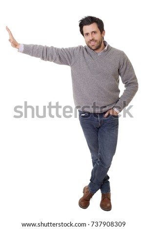 casual man with arm out in a showing gesture, isolated on white