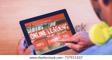 Computer generated 3D image of e-learning interface on screen against cropped image of man with digital tablet
