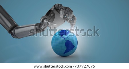 Three dimensional of chrome robotic hand with placard against dark blue background 