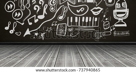Composite image of musical symbols against dark room