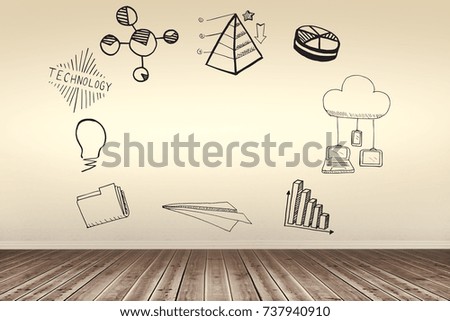 Composite image of computer icons on white background against room with wooden floor