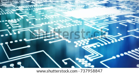 Digitally generated image of blue circuit board against glowing background
