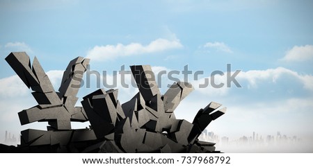 3d image of broken Yen symbols  against city on the horizon