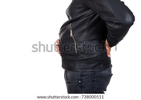 Close up picture of a man big belly, on isolated background