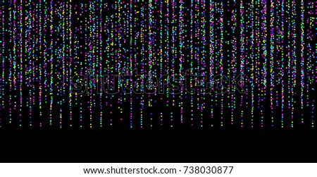 Colored small confetti on a black background. Luxury festive New Year background. Multicolored shiny abstract texture. Element of design. Vector illustration, EPS 10.