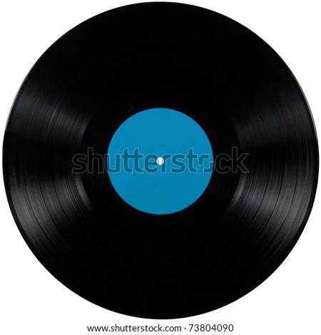 Black vinyl record lp album, vintage disc; isolated long play disk with blank label in cyan blue