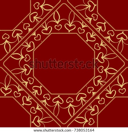 pattern from geometric ornament with lace element for the Print Textile Product. Vector illustration. Decorative curb treatment. Red, gold color