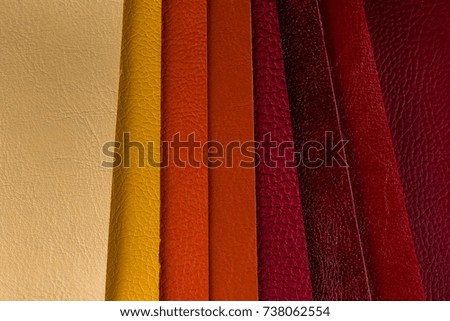 artificial leather several different parts. leatherette different pieces. Raw materials for industry and leather goods. red. High resolution photo.