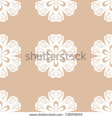 White floral ornament on beige background. Seamless pattern for textile and wallpapers