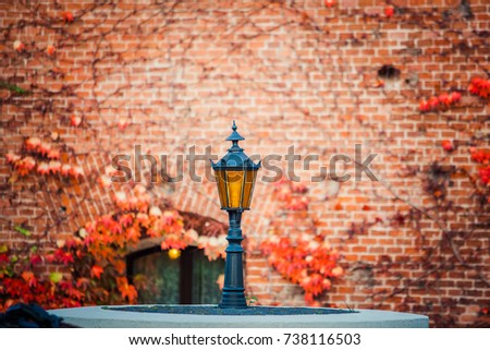 Lantern in autumn park on brick wall background