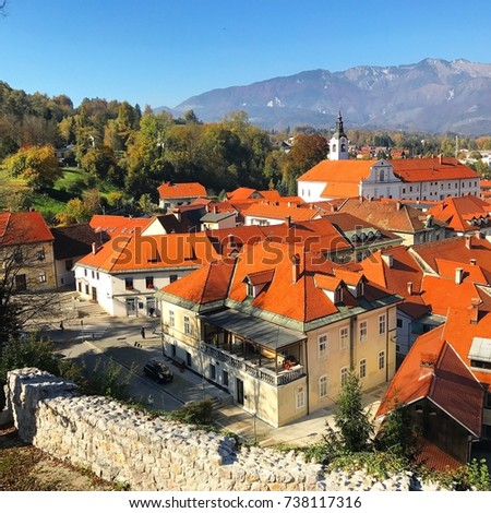 Red roofs in the old alpine town Kamnik. Slovenia Royalty-Free Stock Photo #738117316