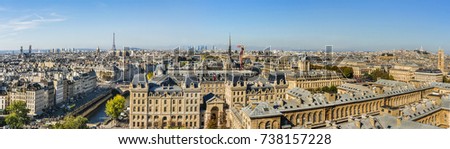 Paris Panorama at sunset. View from Cathedral Notre Dame de Paris. France.
