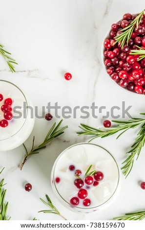 Ideas for drinks for Xmas and thanksgiving. White christmas margarita punch with cranberries and rosemary, on a white marble table, Copy space top view