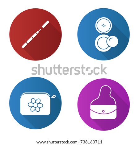 Cosmetics flat design long shadow glyph icons set. Eyeliner, purse, cosmetic bag, rouge. Raster silhouette illustration