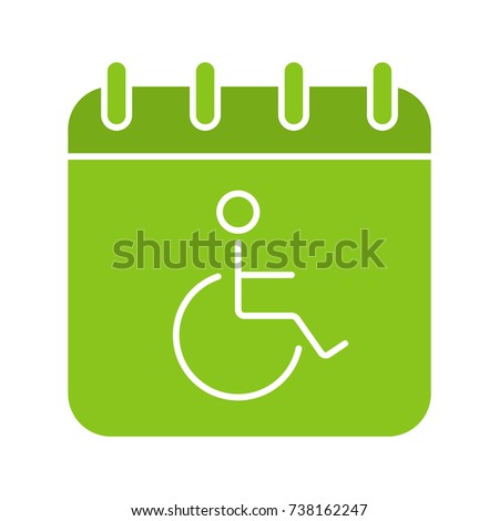 Disability day glyph color icon. Calendar page with wheelchair person. Silhouette symbol on white background. Negative space. Raster illustration