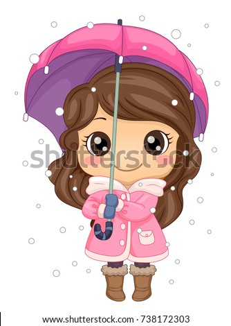 Illustration of a Kid Girl Holding an Umbrella Under the Snow Wearing Winter Coat and Boots