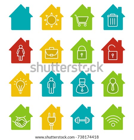 Houses glyph color icon set. Home buildings with sun, shopping cart, wastebasket, man and woman, briefcase inside. Silhouette symbols on white backgrounds. Negative space. Raster illustrations