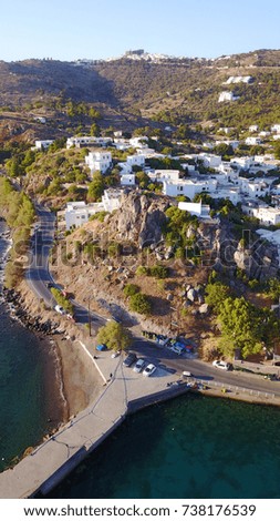 Aerial birds eye view photo taken by drone of picturesque port of Patmos island, Dodecanese, Greece