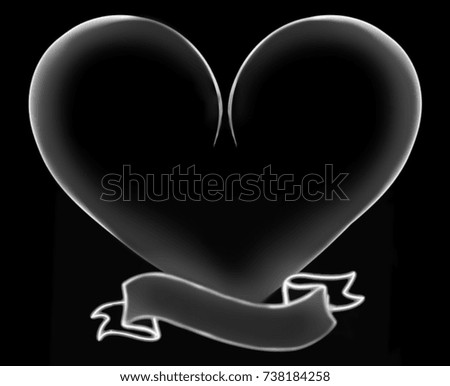 A white, highlighted heart and banner tattoo design over a black background. 