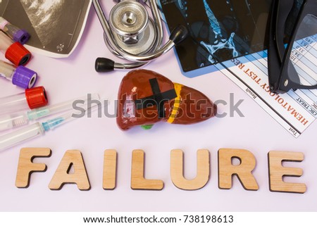 Liver failure concept photo. Liver figure with glued black cross is near word liver failure and set of medical tests (MRI, ultrasound, analysis), diagnostic devices (stethoscope, test tubes, syringes) Royalty-Free Stock Photo #738198613
