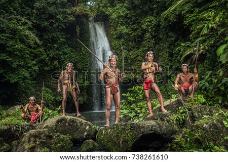 Warrior of Mentawai.The Indigenous inhabitants ethnic of the islands in Muara Siberut are also known as the Mentawai people. West Sumatra, Siberut island, Indonesia.