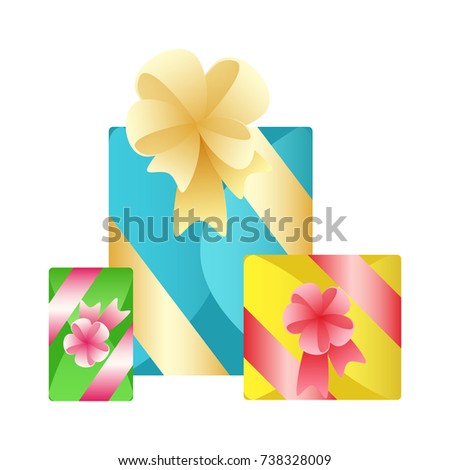 Multicolored bright boxes with gifts. Illustration for the design of greeting cards, holiday posters and booklets.