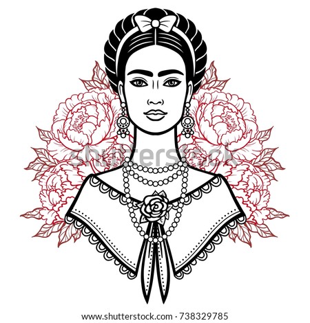 Portrait of the beautiful Mexican girl in ancient  clothes, background - the stylized roses. Vector illustration isolated on a white background. Print, t-shirt, card.