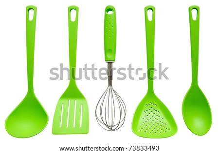Plastic kitchen utensils isolated on white. Clipping path included. Royalty-Free Stock Photo #73833493