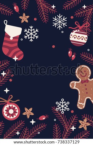 Vector vertical background on Winter holidays season with Christmas traditional ornaments and decoration
