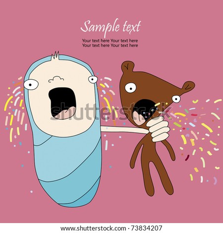 Cartoon vector illustration of a baby crying and teddy bear