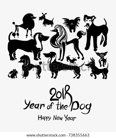 Hand drawn Dogs 2018. Art postcard. New Year on the Chinese calendar. Ink doodle doggies.