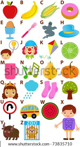 Vector of cartoons Alphabet A to Z, simple dictionary for Kids. A set of cute and colorful back to school icon collection isolated on white background