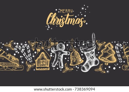 Seamless trendy pattern with hand drawn golden-black Christmas objects on black.Merry Christmas and Happy New Year. Sketch.  Lettering. Background can be used for wallpaper, web, banner, textile, 