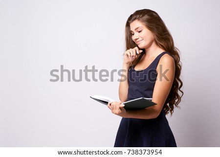 Girl writer. White background. Beautiful portrait. Businessman.